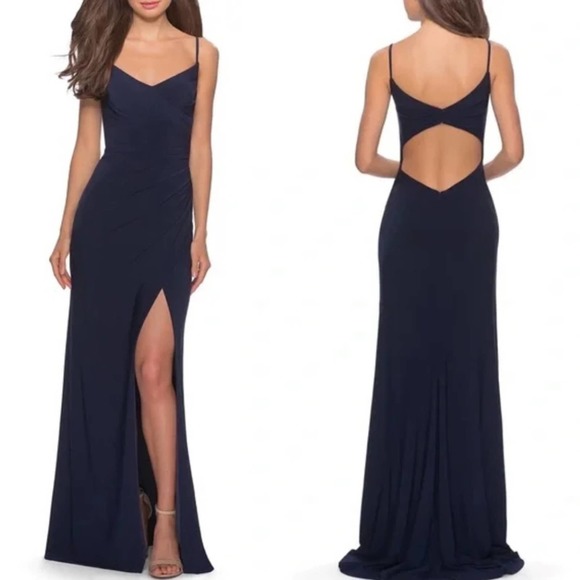 LA FEMME V-Neck Navy Blue Ruched Open Back Jersey Dress - Picture 1 of 5